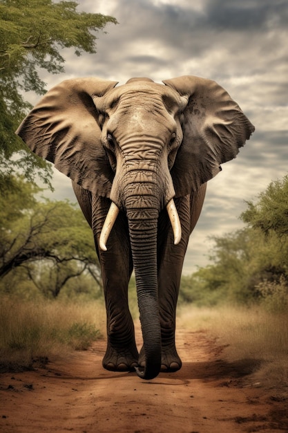 Foto foto da vicino di un bellissimo elefante africano adulto nelle pianure sotto il cielo al tramonto