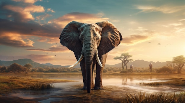 Photo closeup photo of a beautiful adult african elephant in the plains under the sunset sky