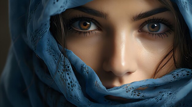ヒジャブを着た美しいアラブ人女性のクローザップ写真 驚くべき目 Generative Ai