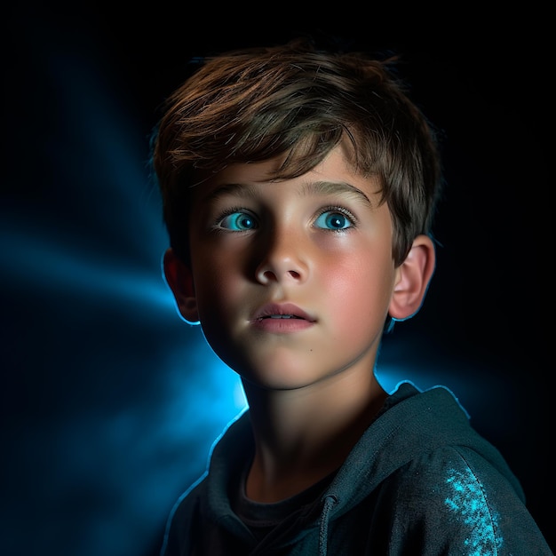 closeup photo of a beautiful boy in blue with lights