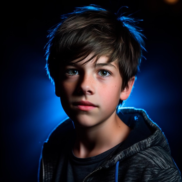 closeup photo of a beautiful boy in blue with lights