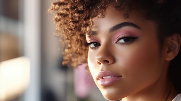 Closeup photo of beautiful curly hair woman