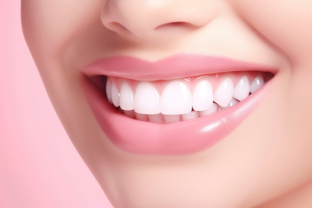 Closeup photo of beautiful wide smile of young fresh woman with healthy white teeth