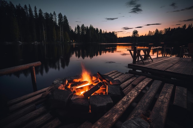 Closeup photo of campfire with beautiful nature view generative ai