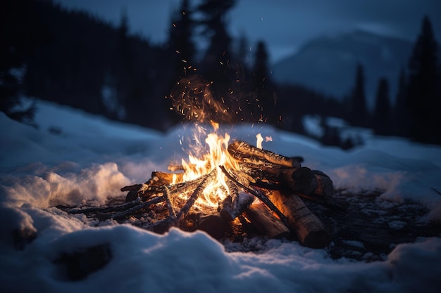 Closeup photo of campfire with beautiful winter evening in mountains generative ai