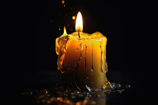 Closeup photo of a candle flame with a bright yellow color on a dark background