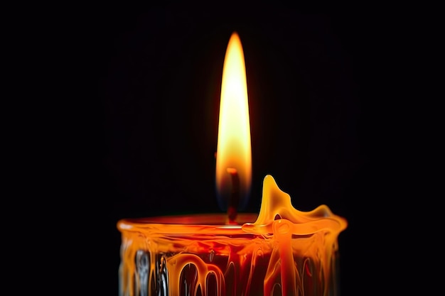 Closeup photo of a candle flame with a bright yellow color on a dark background