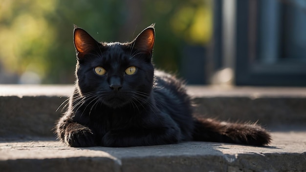 A closeup photo captures the intense gaze of a black cat with striking yellow eyes The cats fur is sleek and shiny and the focus sharpens the details of its face and whiskers against a soft