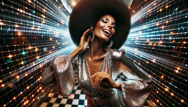 Closeup photo capturing a vibrant woman wearing a shimmering sequined dress and sporting a fluffy afro as she dances with abandon to the pulsating