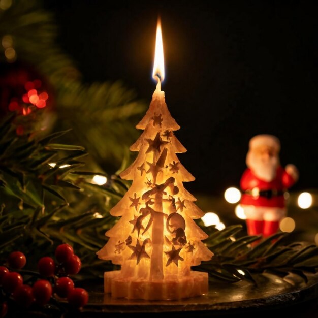 Foto foto in primo piano di una candela in fiamme scolpita a forma di albero di natale