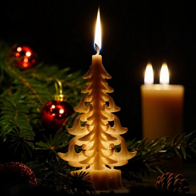 Closeup photo of carved burning candle in the shape of a Christmas tree