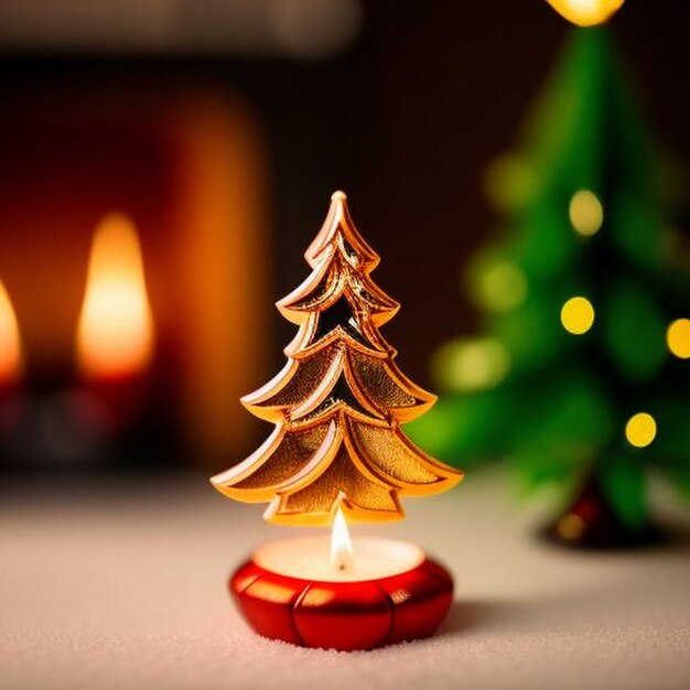 Closeup photo of carved burning candle in the shape of a Christmas tree