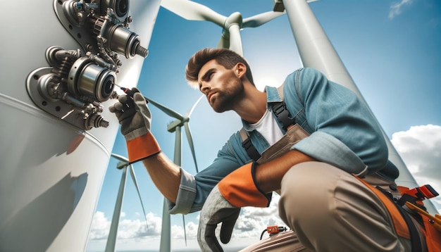 Closeup photo of a Caucasian technician wearing safety gear meticulously inspecting the mechanics of a towering wind turbine