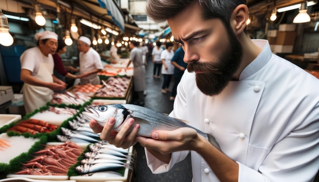 Foto foto in primo piano di uno chef con la barba che esamina attentamente un pesce fresco che tiene vicino per valutarne la freschezza