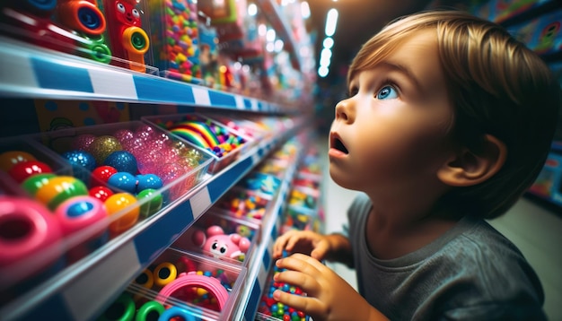 Foto foto ravvicinata di un bambino con gli occhi spalancati, meravigliato, che cerca un giocattolo colorato sullo scaffale di un negozio ben illuminato