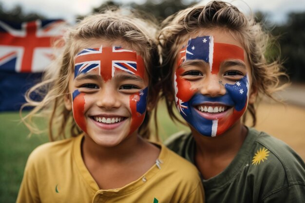 Closeup photo of children with flags on cheeks