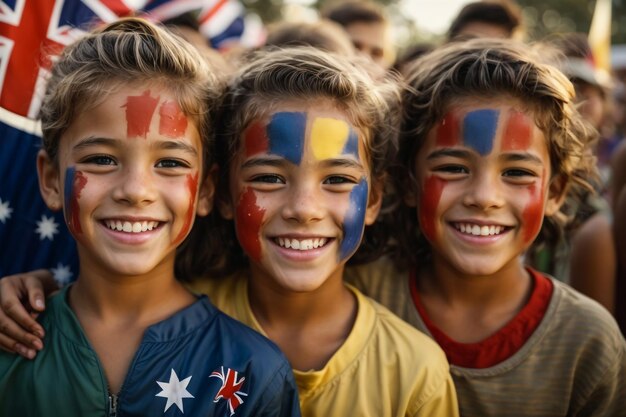 Photo closeup photo of children with flags on cheeks