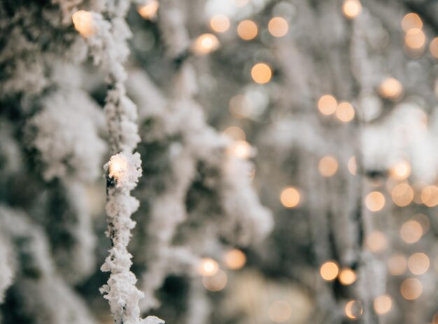 Photo closeup photo of christmas tree with snow christmas ornaments christmas lights bokeh lights