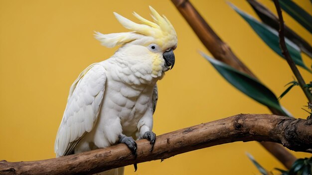 Photo closeup photo of a cockatoo perched on a branch on a yellow background