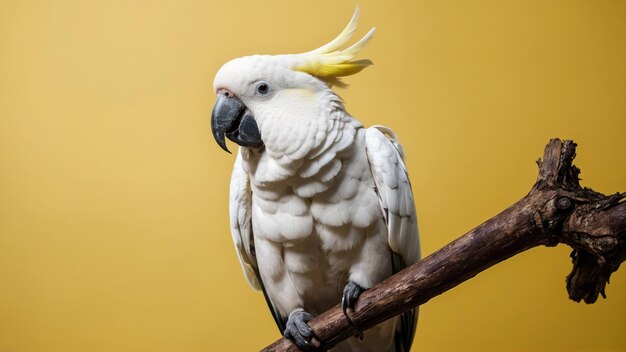 closeup photo of a cockatoo perched on a branch on a yellow background