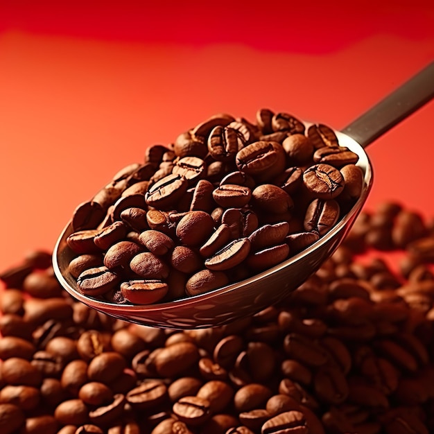 Closeup Photo coffee beans are scattered on a red paper background generative ai