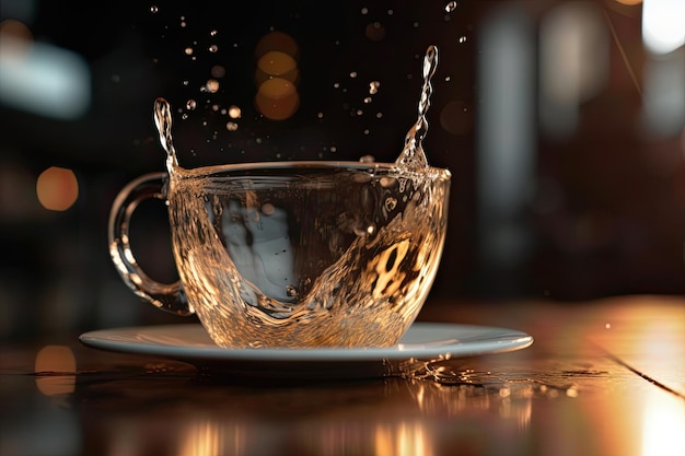 Closeup photo of a coffee cup with water splashing up