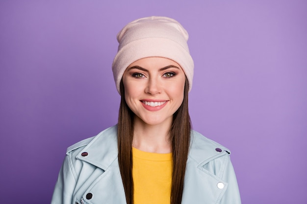 Closeup photo of cool stylish good mood pretty lady glad warm spring weather street clothes smiling white teeth wear casual hat blue modern style jacket isolated purple color background