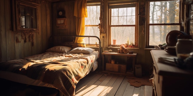 Closeup photo of a cozy bedroom in a country house