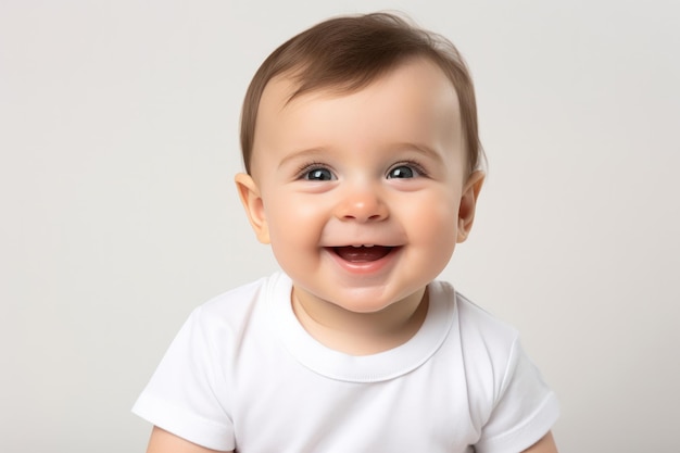 Closeup photo of a cute little baby boy child a smile and laugh isolated on white background