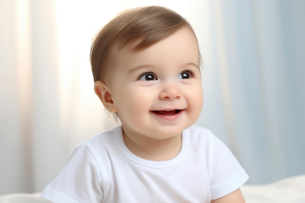 Closeup photo of a cute little baby boy child a smile and laugh isolated on white background