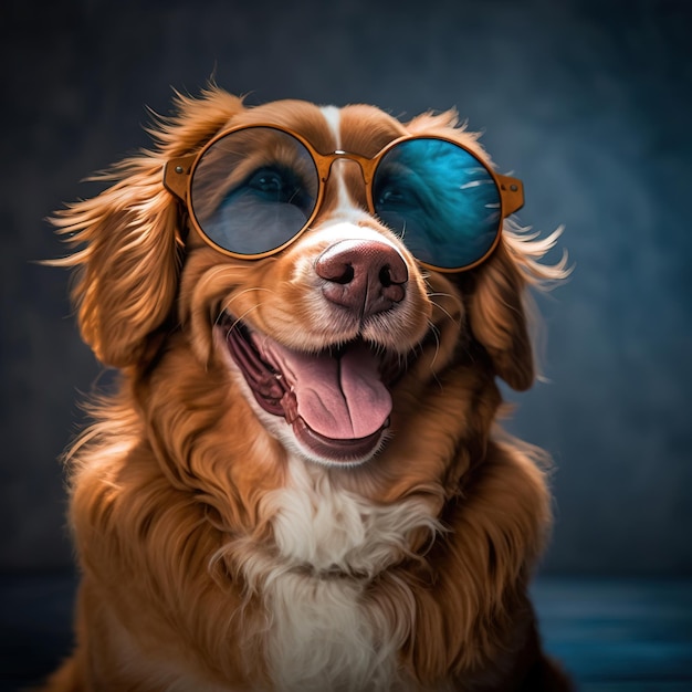 крупным планом фото милой улыбающейся собаки в очках и гламурной одежде, генеративный ИИ
