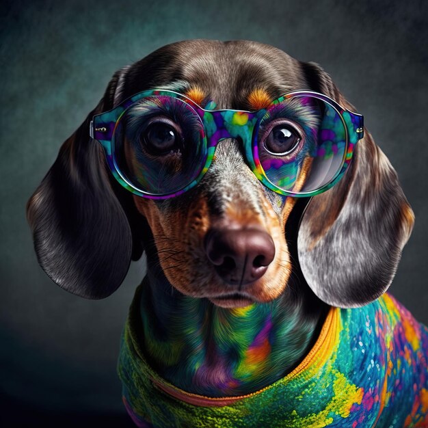 closeup photo of a cute smiling dog wearing glasses and glamorous clothes generative AI