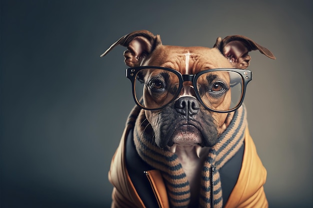 closeup photo of a cute smiling dog wearing glasses and glamorous clothes generative AI