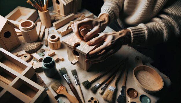 Photo closeup photo depicting hands engrossed in the delicate task of assembling a birdhouse