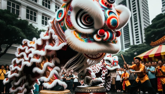 Closeup photo of a dynamic lion dance performance in full swing