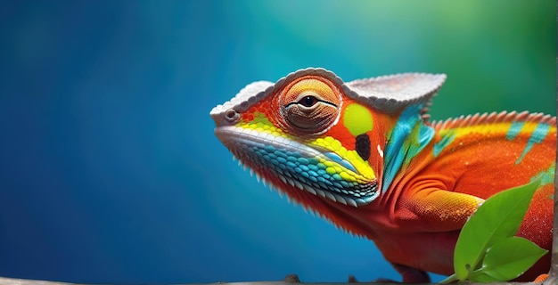 Клоуз-ап экзотическая рептилия хамелеона с различными цветами природы