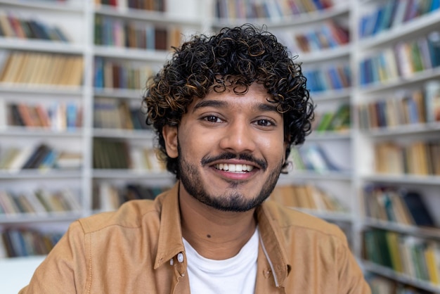 Closeup photo face portrait of a young hispanic male student sitting and studying in the library