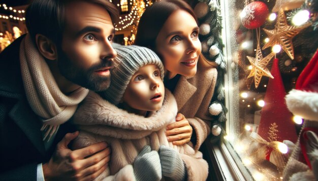 Foto foto in primo piano di una famiglia con gli occhi spalancati e meravigliata, vestita con comodi abiti invernali