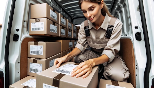 Photo closeup photo of a female courier with caucasian descent efficiently sorting through packages in the back of the delivery van