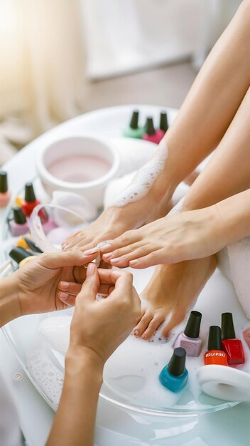 Photo closeup photo of a female feet at spa salon on pedicure and manicure procedure soft focus image