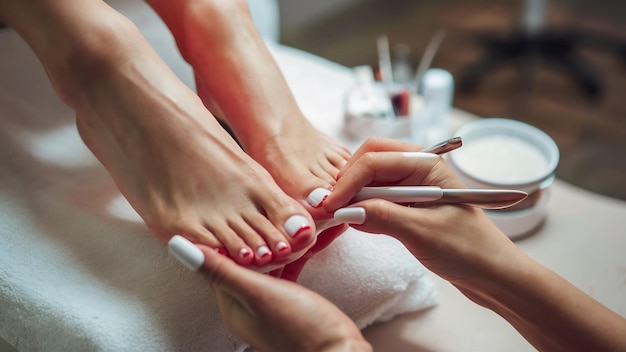 Closeup photo of a female feet at spa salon on pedicure and manicure procedure soft focus image