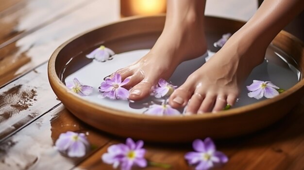 Closeup photo of a female feet at spa salon on pedicure procedure Female legs in water decoration