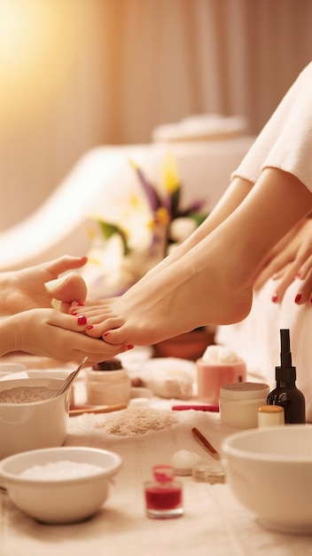 Photo closeup photo of a female feet at spa salon on pedicure procedure soft focus image