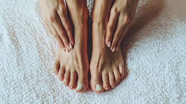 Closeup photo of a female feet with beautiful pedicure after spa procedure on white space