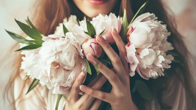 ペオニーの花束を持った女性の手のクローズアップ写真