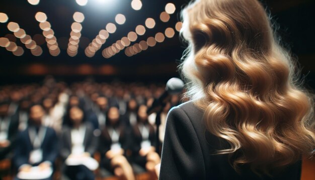 Foto foto in primo piano di un'oratrice con capelli biondi ondulati, assorta nel suo discorso a un simposio