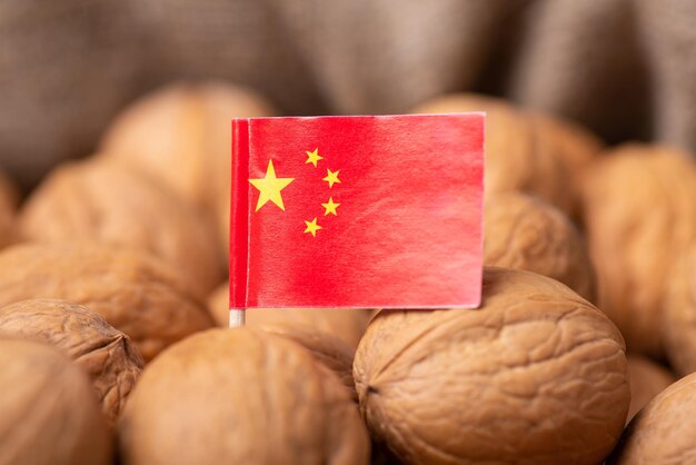 Closeup photo of flag of China on walnuts