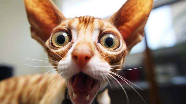 Closeup Photo of a funny shocked Cornish Rex sticking out his tongue