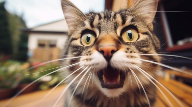 Foto closeup foto di un divertente gatto della foresta norvegese scioccato che tira fuori la lingua