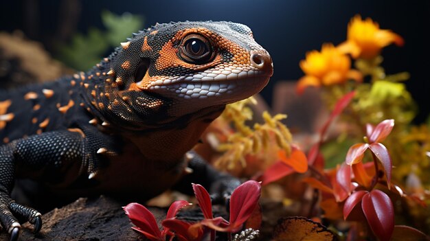 Closeup photo of a Gila Monster looking in their habitat